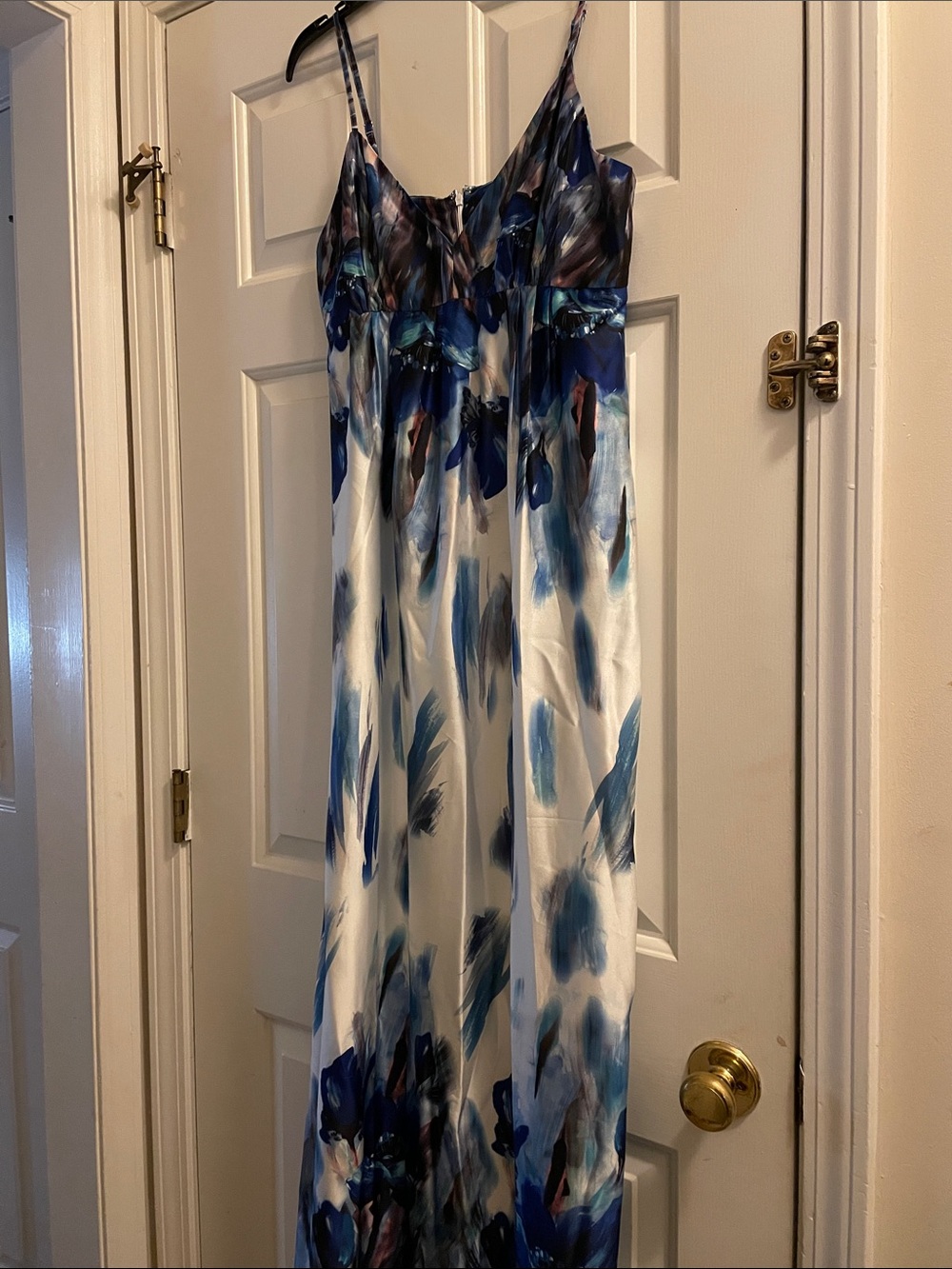 Eci Blue Floral Print Satin Maxi Dress - Sleeveless Spaghetti Strap 10